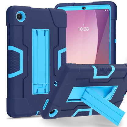 Navy silicone hybrid tablet case with light blue contrast stand and holder