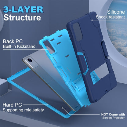 Navy tablet case with blue accents, kickstand open and rear camera cutout