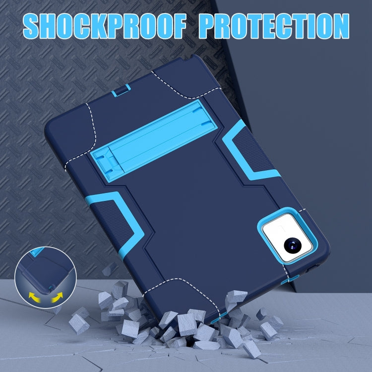 Navy tablet case with blue accents, kickstand extended for tabletop viewing