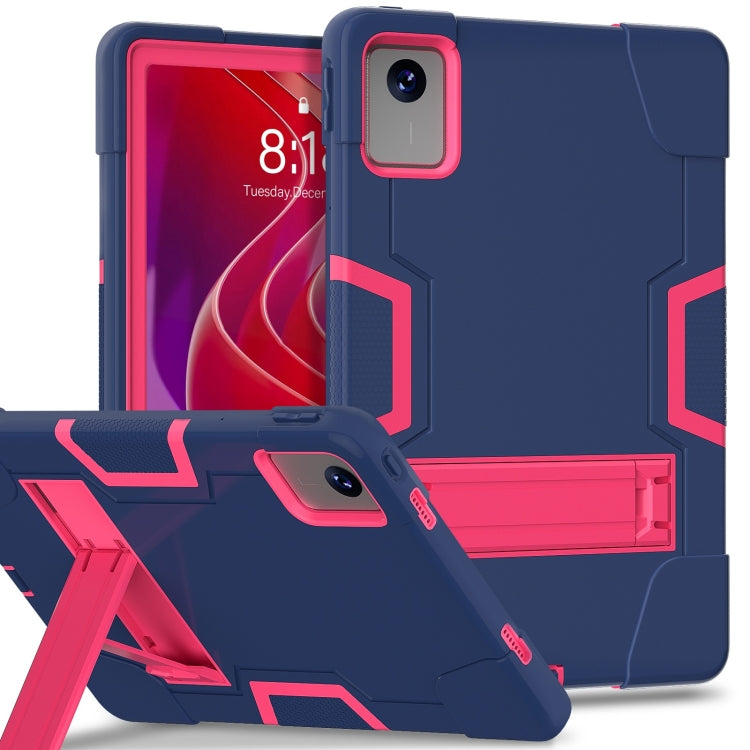 Navy tablet case with rose-red accents, built-in kickstand and camera cutout