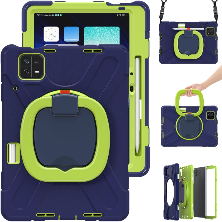 Navy blue tablet case with lime holder grip and built-in kickstand, with shoulder strap