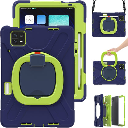 Navy blue tablet case with lime holder grip and built-in kickstand, with shoulder strap