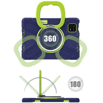 Navy blue rugged tablet case with rotating 360 grip ring and lime handle frame