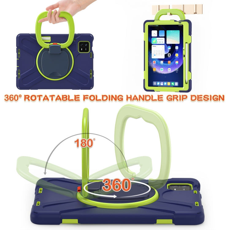 Navy blue tablet case with lime rotating handle grip and adjustable viewing stand