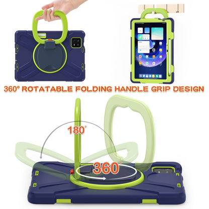 Navy blue tablet case with lime rotating handle grip and adjustable viewing stand