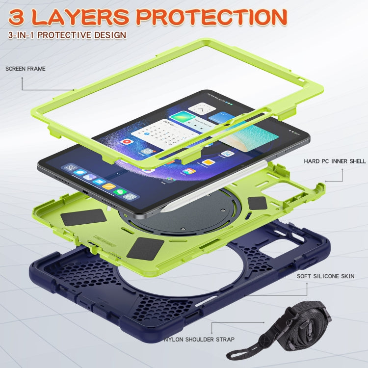 Rugged tablet case with lime outer frame and soft silicone skin, plus strap