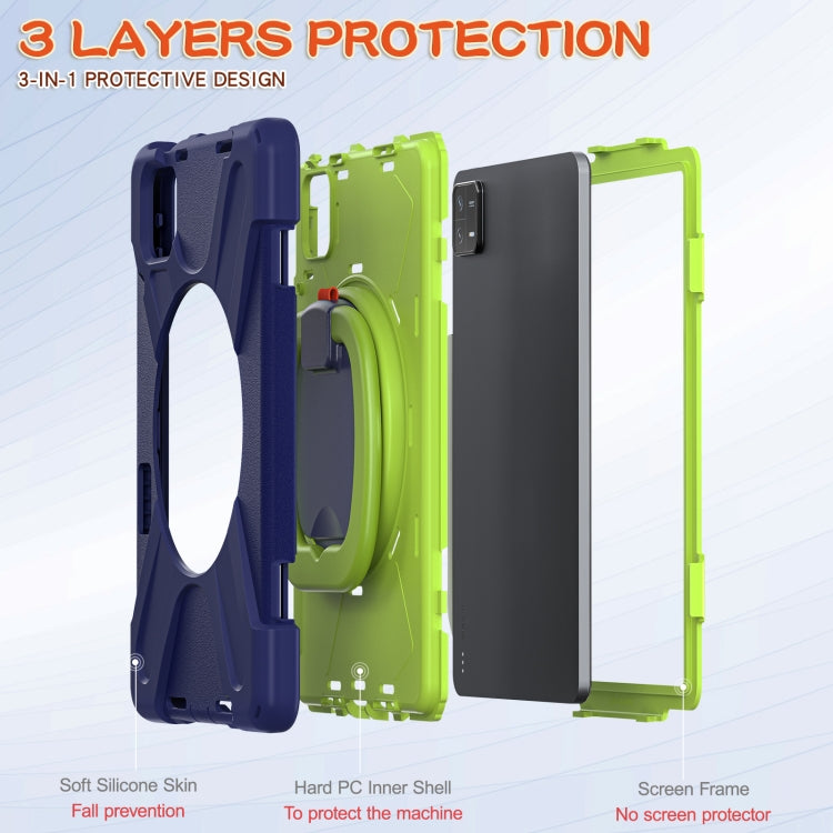 Rugged tablet case showing navy and lime shell layers, with integrated screen frame