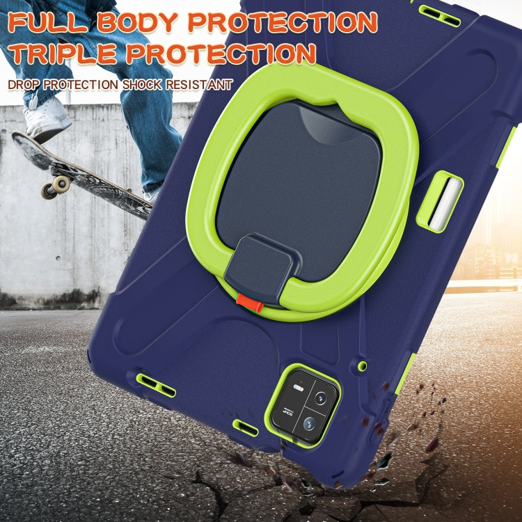 Navy blue full-body rugged tablet case with lime triple protection holder grip