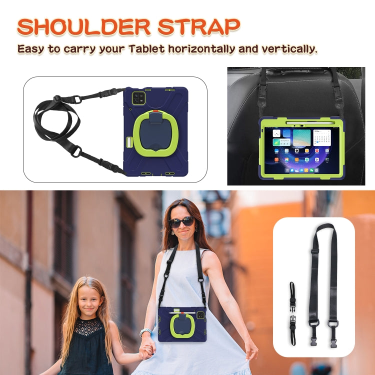 Navy blue tablet case with lime holder grip and adjustable shoulder strap for carrying