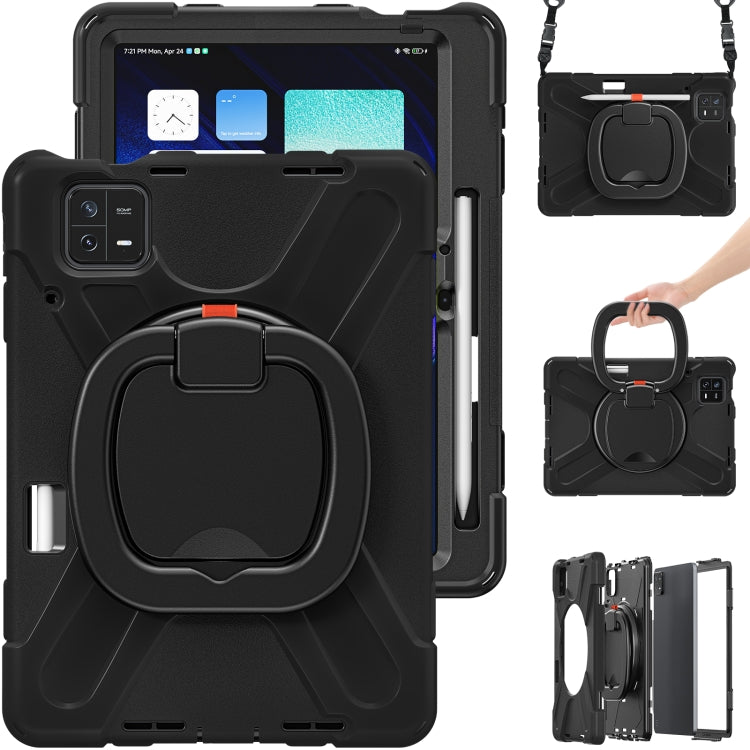 Black rugged tablet case with built-in holder grip and side camera cutout, with strap