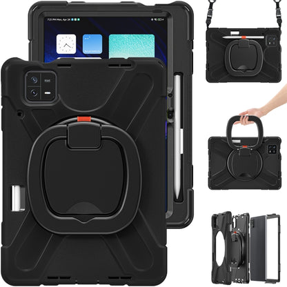 Black rugged tablet case with built-in holder grip and side camera cutout, with strap