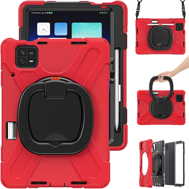 Red rugged tablet case with built-in holder grip and side camera cutout, with strap