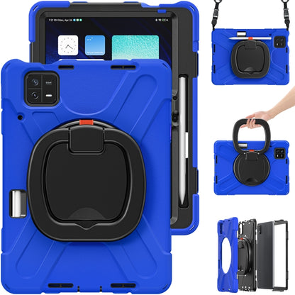 Blue rugged tablet case with black holder grip and side camera cutout, with strap