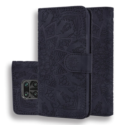 Dark navy PU leather flip case with embossed floral pattern and magnetic strap pocket