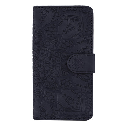 Dark navy PU leather wallet-style phone case with embossed floral pattern and side closure