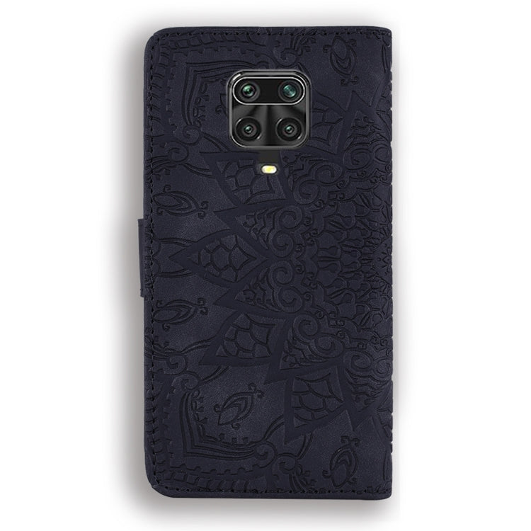 Dark navy PU leather phone case with embossed floral pattern and camera cutout