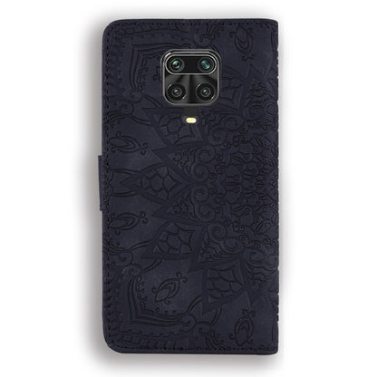 Dark navy PU leather phone case with embossed floral pattern and camera cutout