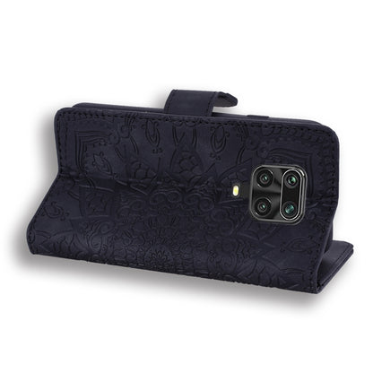 Dark navy PU leather folio case with embossed floral pattern, flip cover, and card slot tab