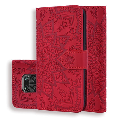 Red PU leather flip phone case with embossed floral sunflower pattern and magnetic strap