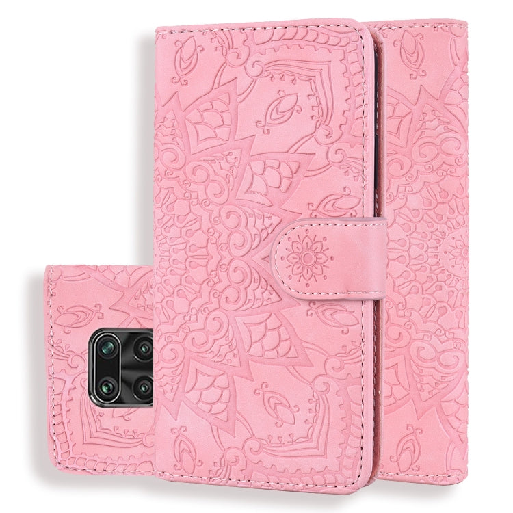 Pink PU leather wallet flip phone case with embossed floral pattern and magnetic strap