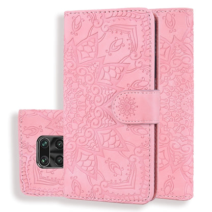 Pink PU leather wallet flip phone case with embossed floral pattern and magnetic strap