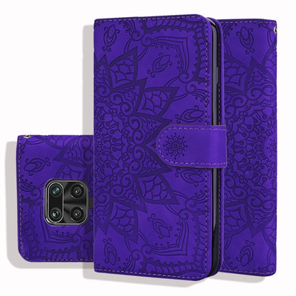 Purple embossed sunflower flip wallet case with front phone opening and center strap