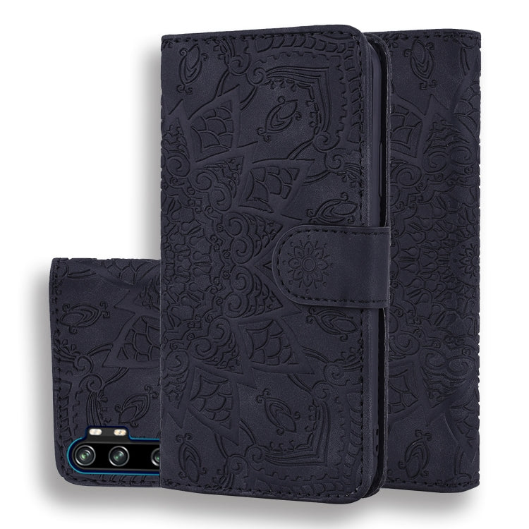 Dark embossed sunflower flip wallet case with front phone window and center clasp