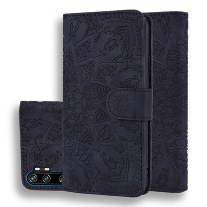 Dark embossed sunflower flip wallet case with front phone window and center clasp