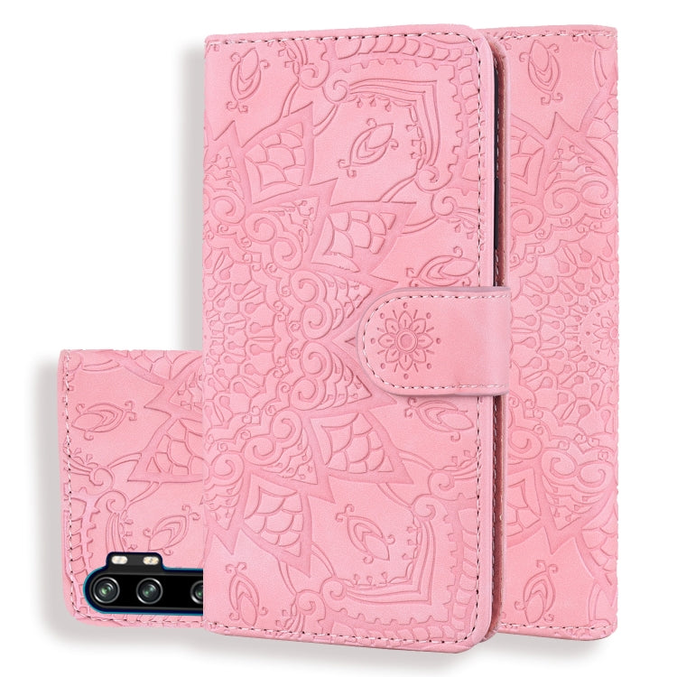 Pink embossed sunflower flip wallet case with front phone window and center strap