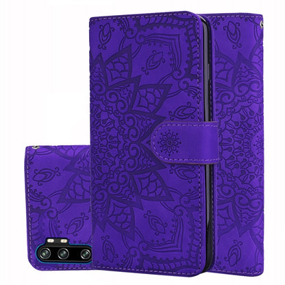 Purple embossed sunflower flip wallet case with front cover closed and center strap