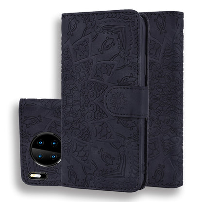 Dark embossed sunflower flip wallet case with front phone camera visible and center clasp