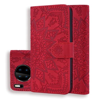 Red embossed sunflower flip wallet case with front phone camera visible and center clasp