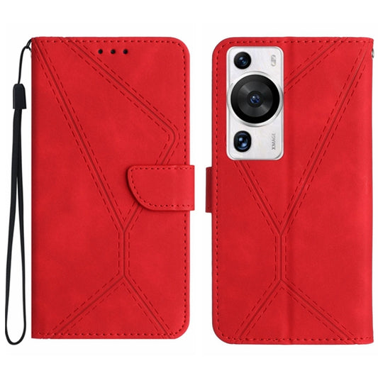 Red embossed leather flip phone case with stitched pattern and wrist strap, Huawei P60 Pro