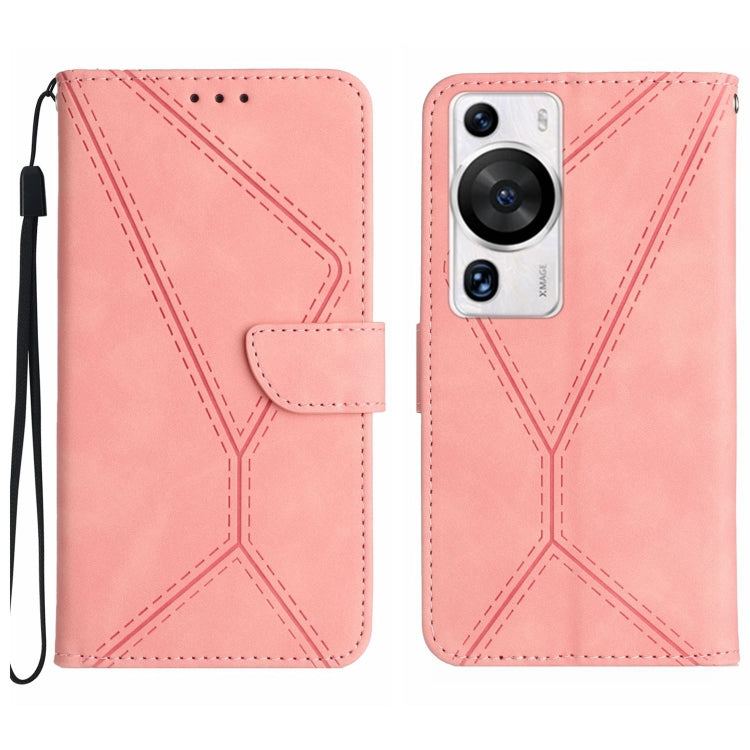 Pink embossed leather flip phone case with stitched pattern and wrist strap, Huawei P60 Pro