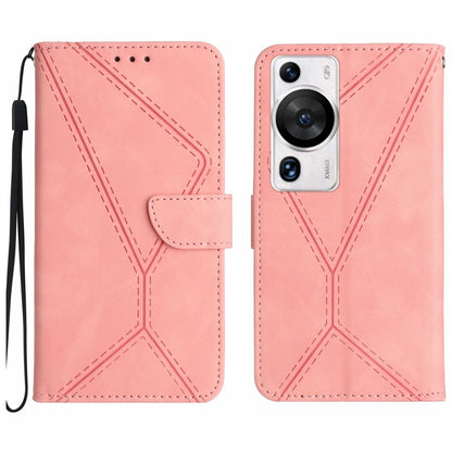 Pink embossed leather flip phone case with stitched pattern and wrist strap, Huawei P60 Pro