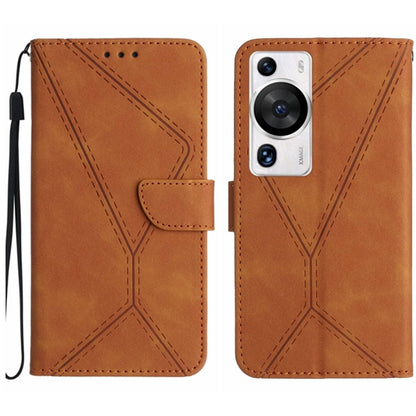 Brown embossed leather flip phone case with stitched pattern and wrist strap, Huawei P60 Pro