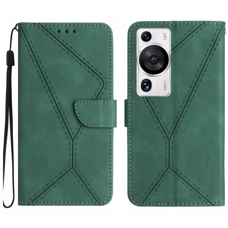 Green embossed leather flip phone case with stitched pattern and wrist strap, Huawei P60 Pro