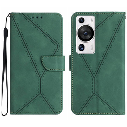 Green embossed leather flip phone case with stitched pattern and wrist strap, Huawei P60 Pro