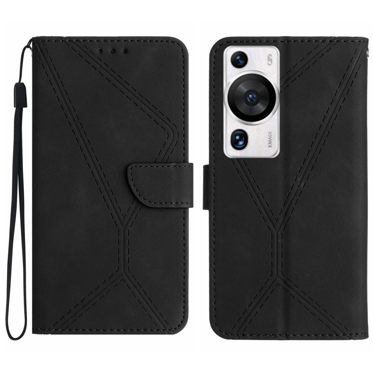 Embossed leather phone case for Huawei P60 Pro, black folio with stitched pattern and wrist strap