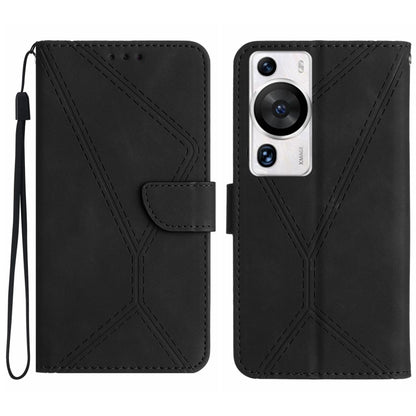 Embossed leather phone case for Huawei P60 Pro, black folio with stitched pattern and wrist strap
