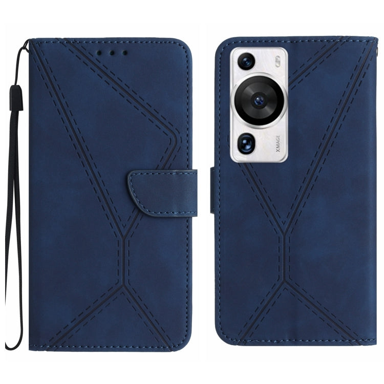 Embossed leather phone case for Huawei P60 Pro, blue folio with stitched pattern and wrist strap