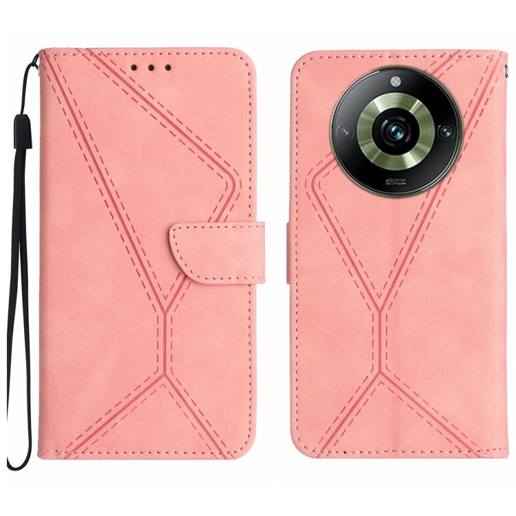 Pink leather-look phone case with embossed stitching, flip cover and camera cutout