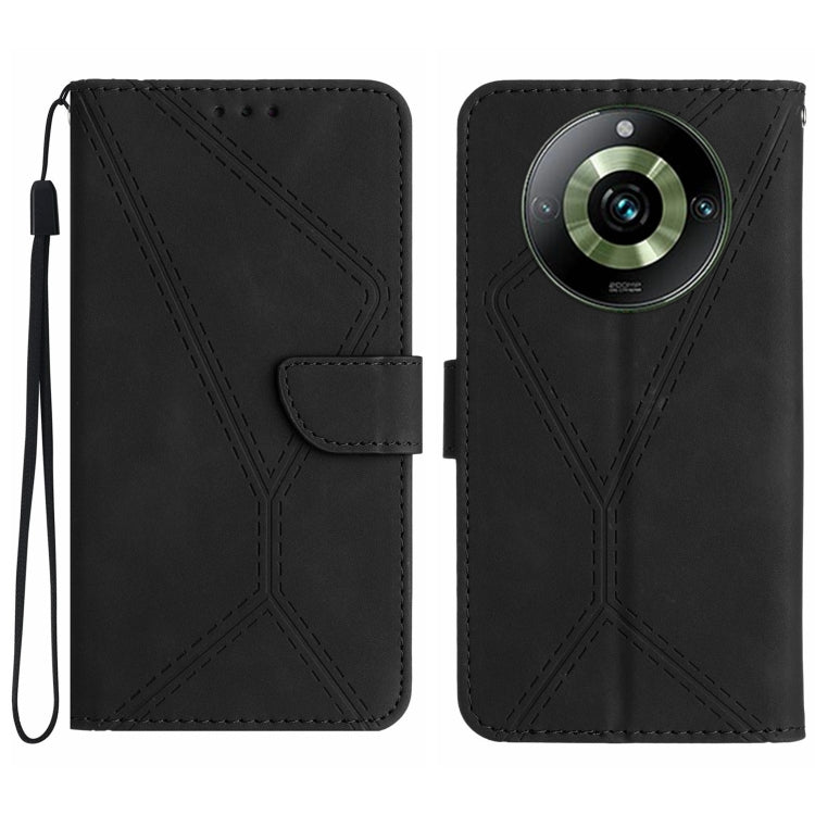 Embossed leather phone case with stitched X design, front flap and wrist strap (black)