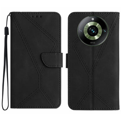 Embossed leather phone case with stitched X design, front flap and wrist strap (black)
