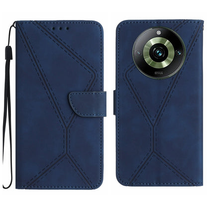 Embossed leather phone case with stitched X design, front flap and wrist strap (blue)