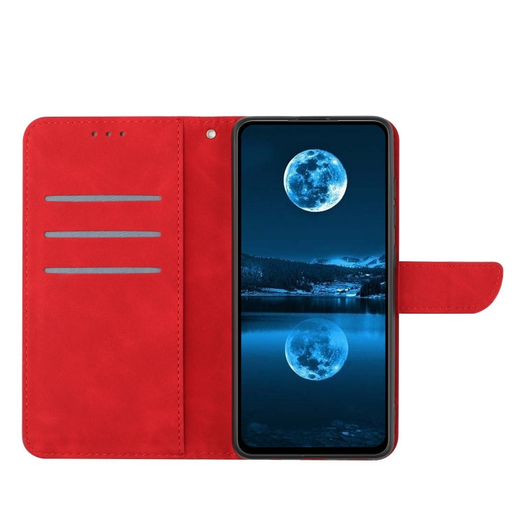 Red folio wallet phone case with snap flap and card slots, phone inside