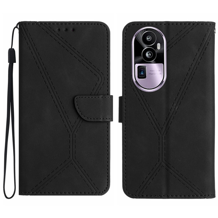 Embossed leather phone case with stitched pattern, flip holder, black, wrist strap.