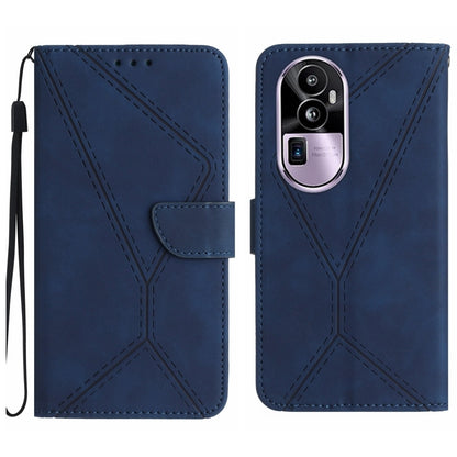 Embossed leather phone case with stitched pattern, flip holder, blue, wrist strap.