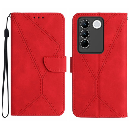 Red embossed leather phone case with stitched diagonal pattern and wrist strap