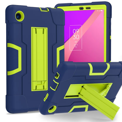 Navy tablet case with lime accents, built-in kickstand, and cutouts for ports
